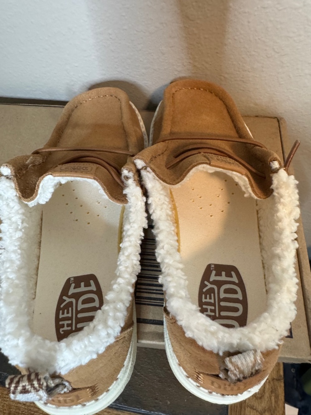 Women’s Hey Dude Tan Suede Shearling-Lined Slip-Ons - Picture 3 of 6